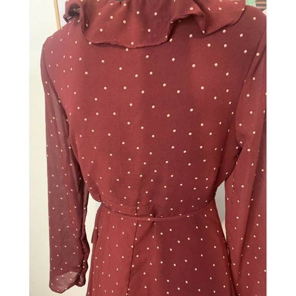 LA VIE BOHEME Burgundy Polka Dot Long Sleeve Frill Wrap Dress Sz 6 - Picture 7 of 9